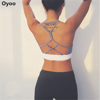 Oyoo double line push up sport bra cute grey strappy bralette sexy wireless underwear women gym crop top padded bras for yoga