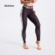 Qickitout Fashion Black Leggings 2018 Summer Long Pants Pink Letter Print Side Patchwork Sexy Casual High Waist Pants Fitness