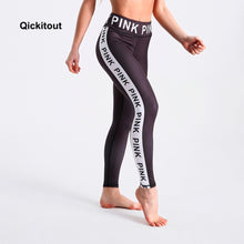 Qickitout Fashion Black Leggings 2018 Summer Long Pants Pink Letter Print Side Patchwork Sexy Casual High Waist Pants Fitness