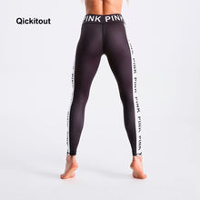 Qickitout Fashion Black Leggings 2018 Summer Long Pants Pink Letter Print Side Patchwork Sexy Casual High Waist Pants Fitness