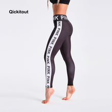 Qickitout Fashion Black Leggings 2018 Summer Long Pants Pink Letter Print Side Patchwork Sexy Casual High Waist Pants Fitness