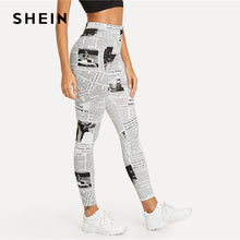 SHEIN Black And White Highstreet Newspaper Letter Print Streetwear Leggings 2018 Summer Women Sexy Casual Trousers